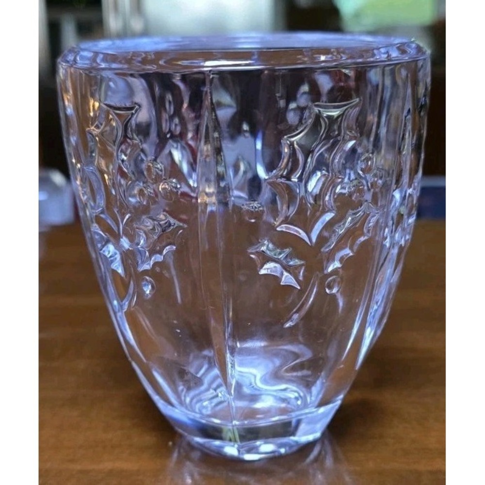Vintage St. George crystal Christmas holly vase intricate etched holiday designs